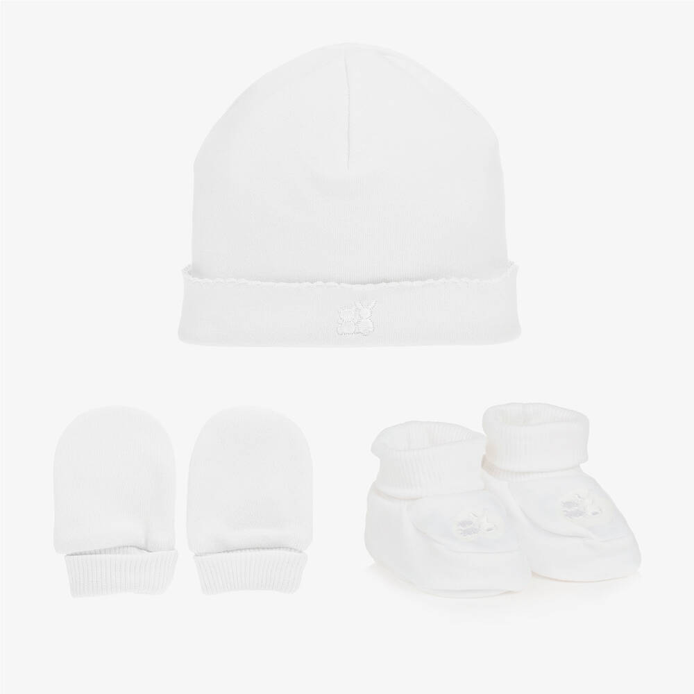 Emile et Rose - White Cotton Hat & Booties Set | Childrensalon