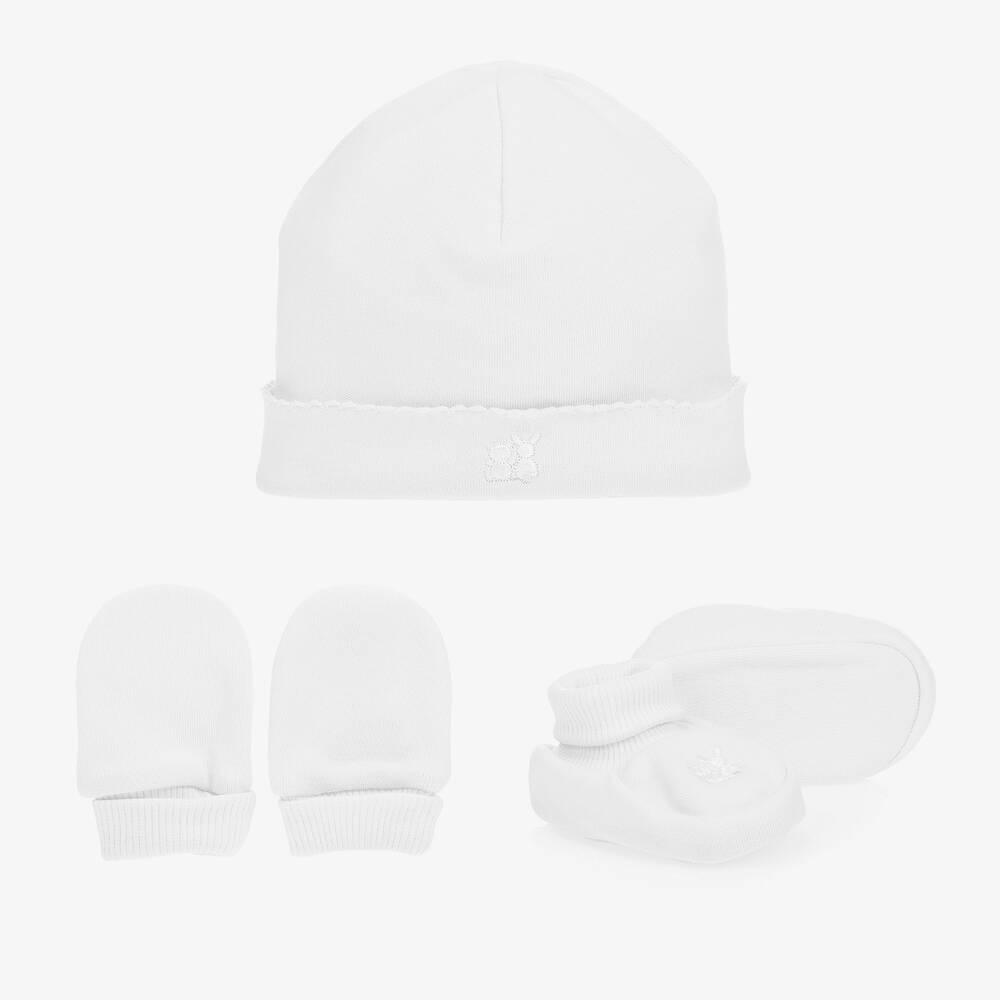 Emile Et Rose Babies'  White Cotton Hat & Booties Set