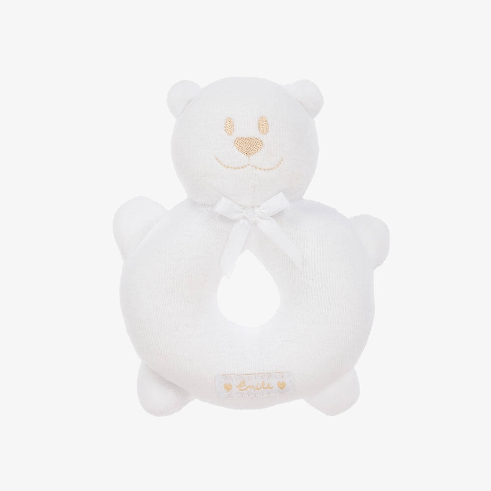 Emile et Rose - White Plush Bear Rattle Toy (14cm) | Childrensalon