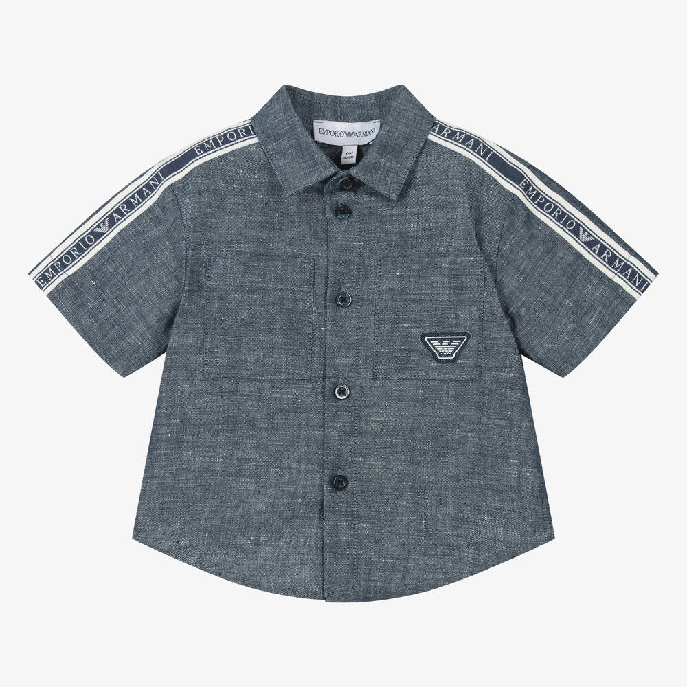 Emporio Armani - Baby Boys Blue Linen & Cotton Taped Shirt | Childrensalon
