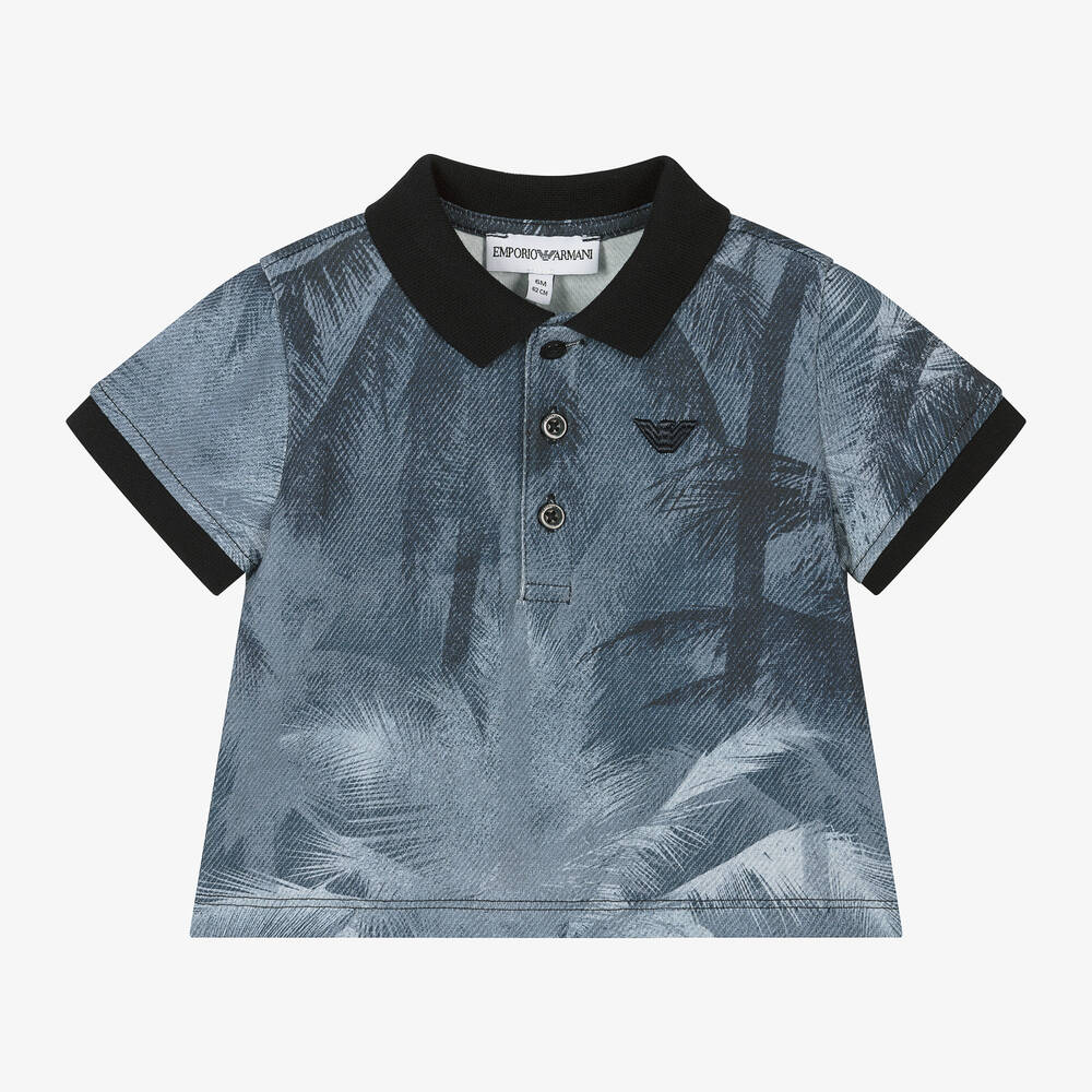 Emporio Armani - Baby Boys Blue Palm Print Polo Shirt | Childrensalon