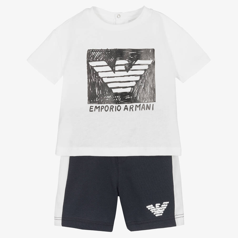 Emporio Armani - Baby Boys Blue & White Cotton Shorts Set | Childrensalon