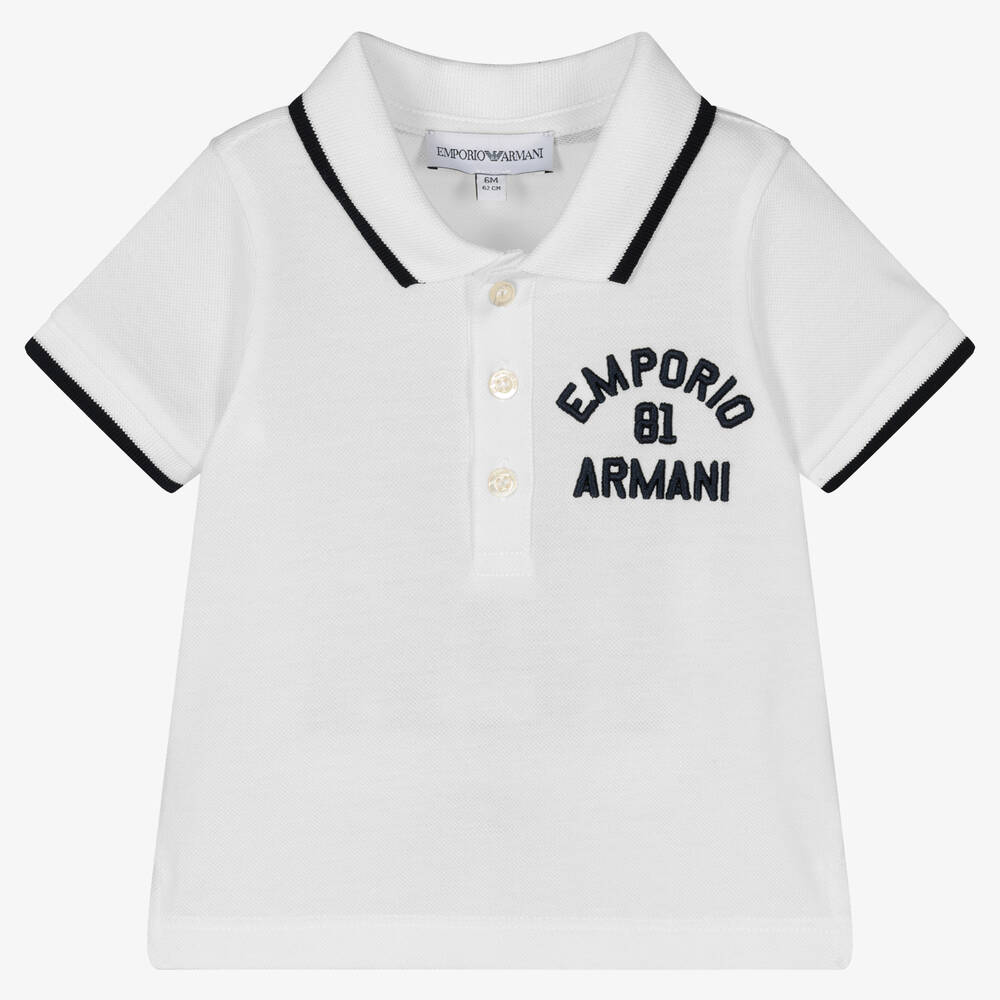 Emporio Armani - توب بولو أطفال ولادي قطن بيكيه لون أبيض | Childrensalon