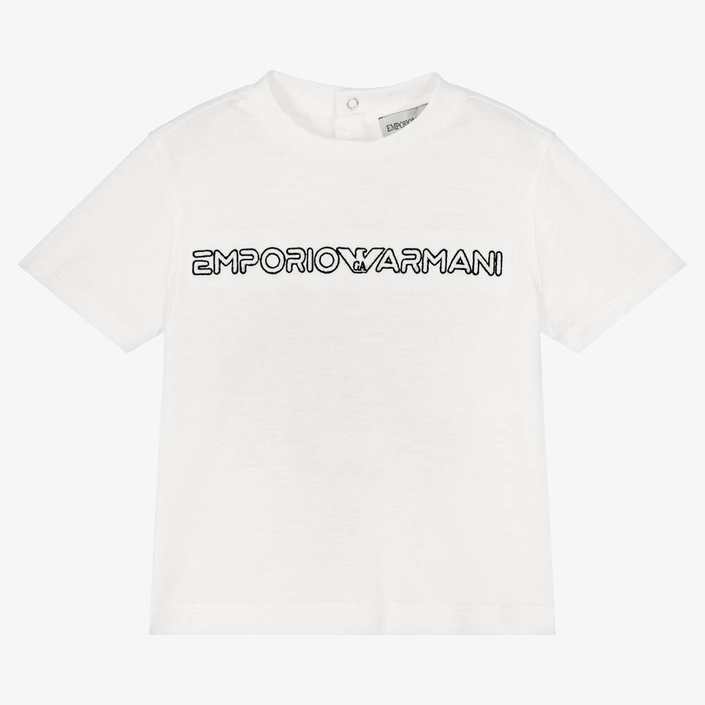 Emporio Armani - Baby Boys White Embroidered Logo T-Shirt | Childrensalon