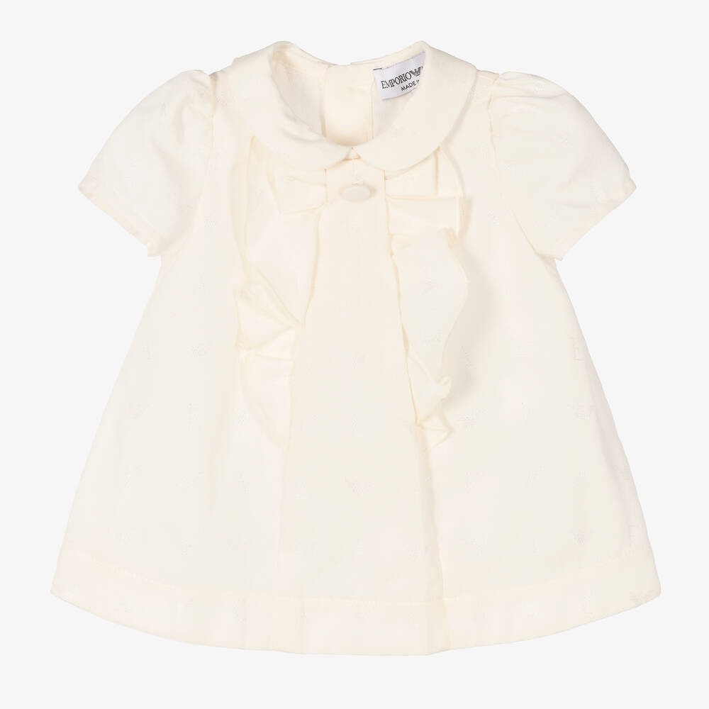 Emporio Armani - Baby Girls Ivory Logo Cotton Dress | Childrensalon