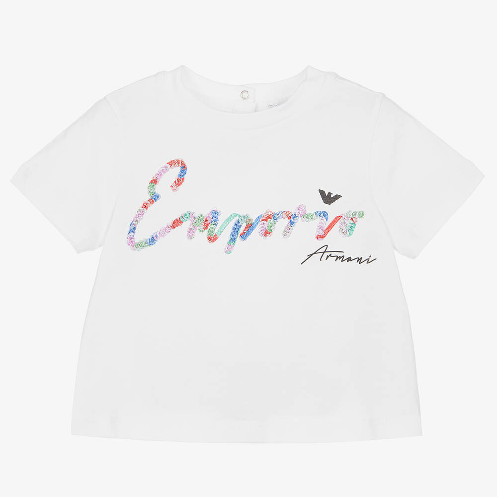 Emporio Armani - Baby Girls White Cotton Logo T-Shirt | Childrensalon