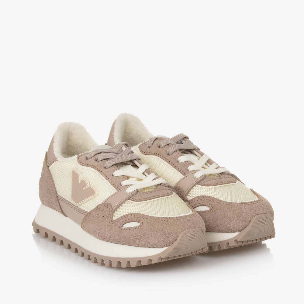 Emporio Armani - Beige Leather & Ivory Mesh Trainers | Childrensalon