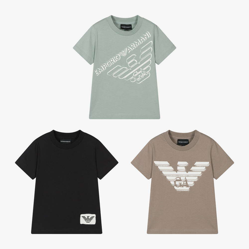 Emporio Armani - Boys Beige & Blue Cotton T-Shirts (3 Pack) | Childrensalon