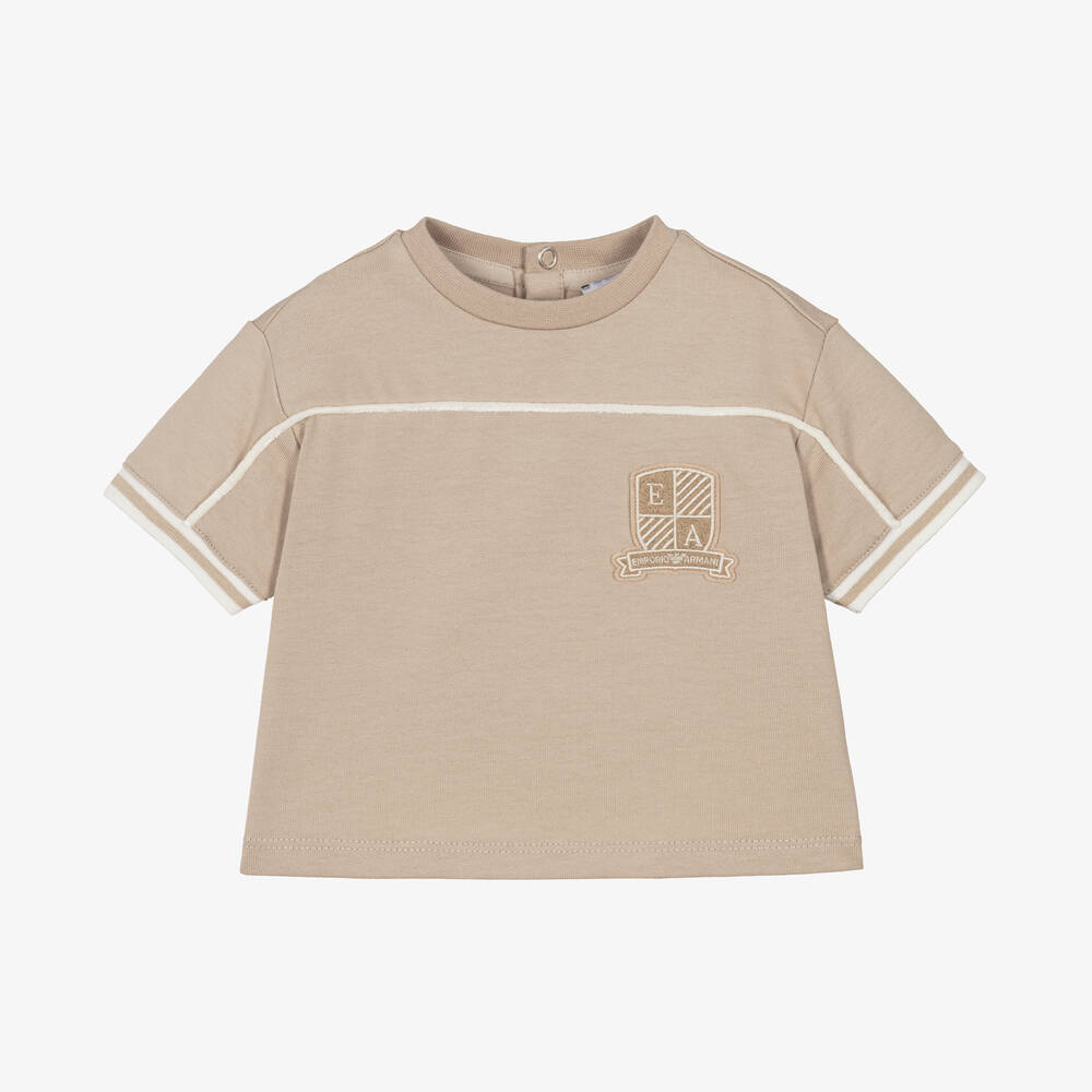 Emporio Armani - Boys Beige Cotton Crest T-Shirt | Childrensalon