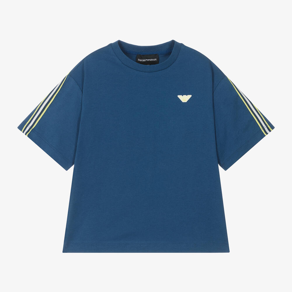 Emporio Armani - Boys Blue Cotton EA Crew T-Shirt | Childrensalon