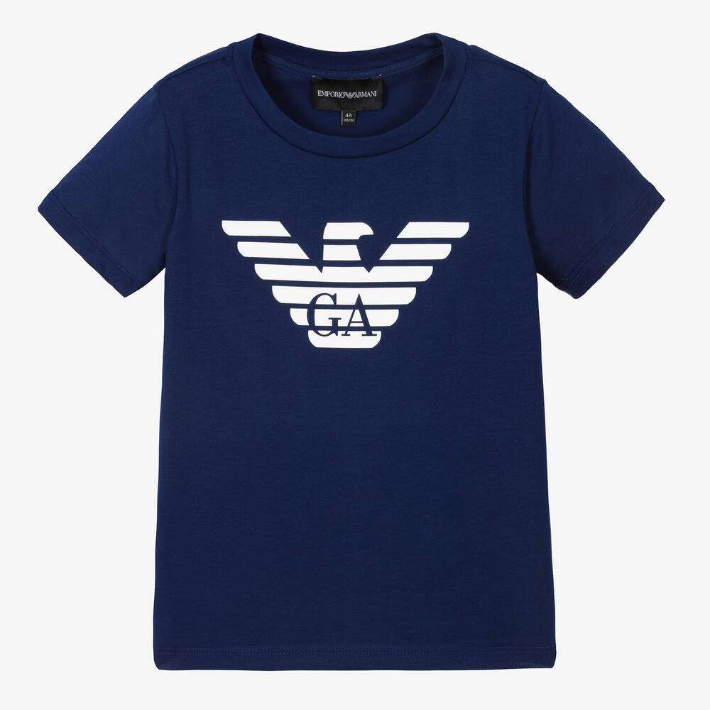 Emporio Armani - Boys Blue Cotton Eagle T-Shirt | Childrensalon