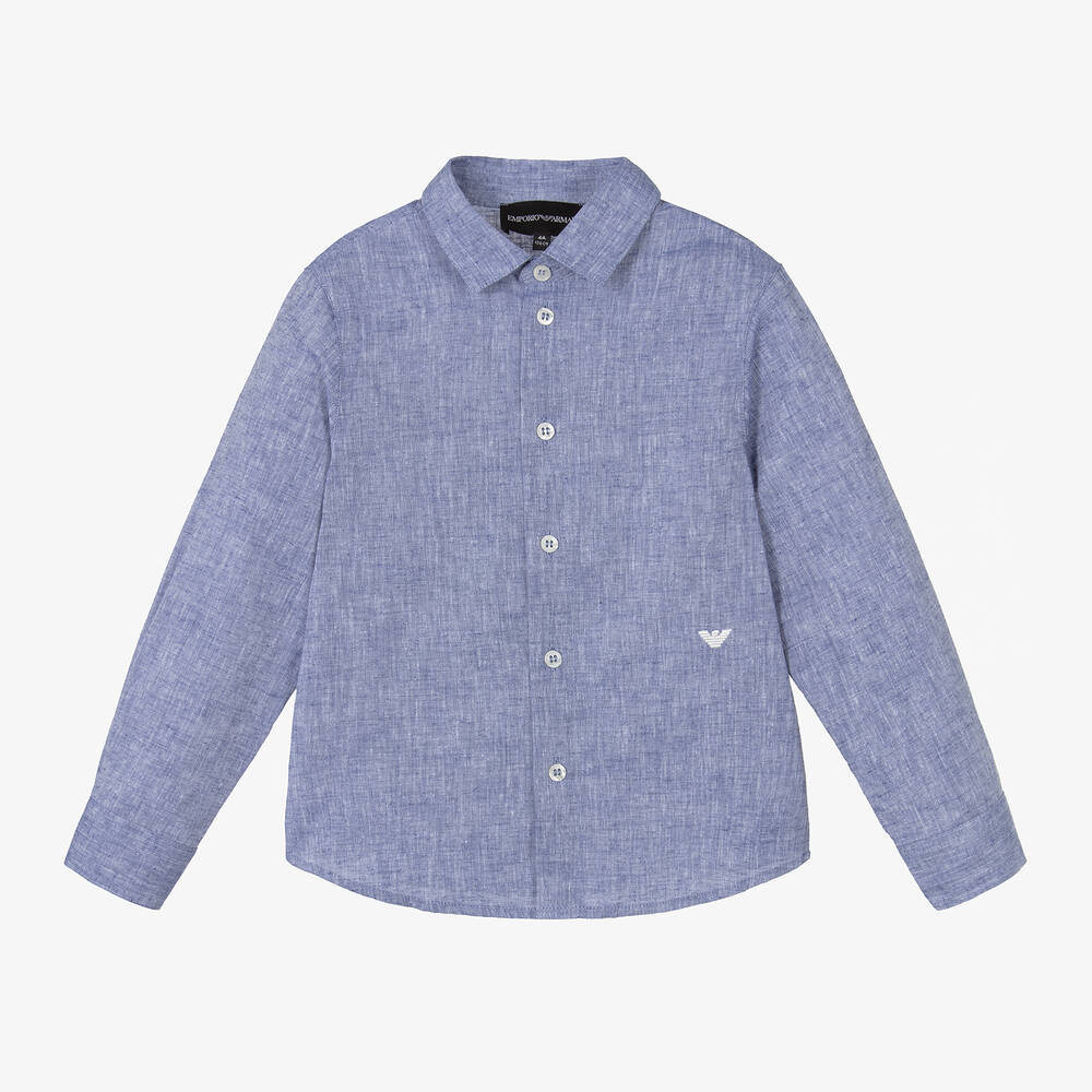Emporio Armani - Boys Blue Cotton & Linen Shirt | Childrensalon