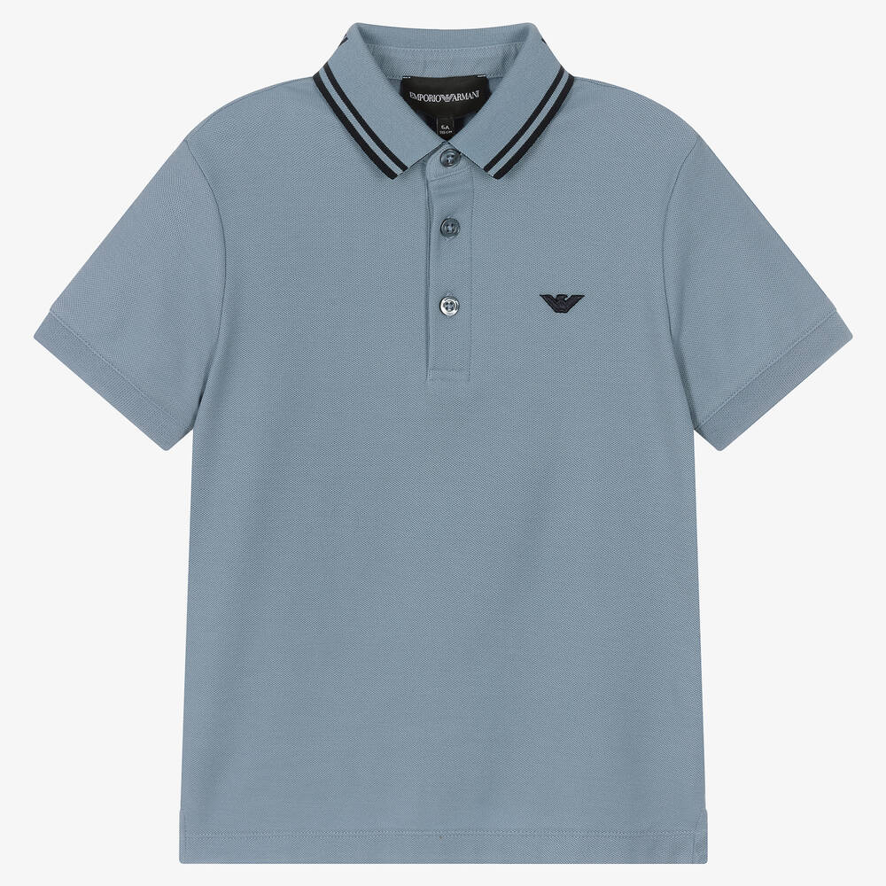 Emporio Armani - Boys Blue Cotton Logo Polo Shirt | Childrensalon