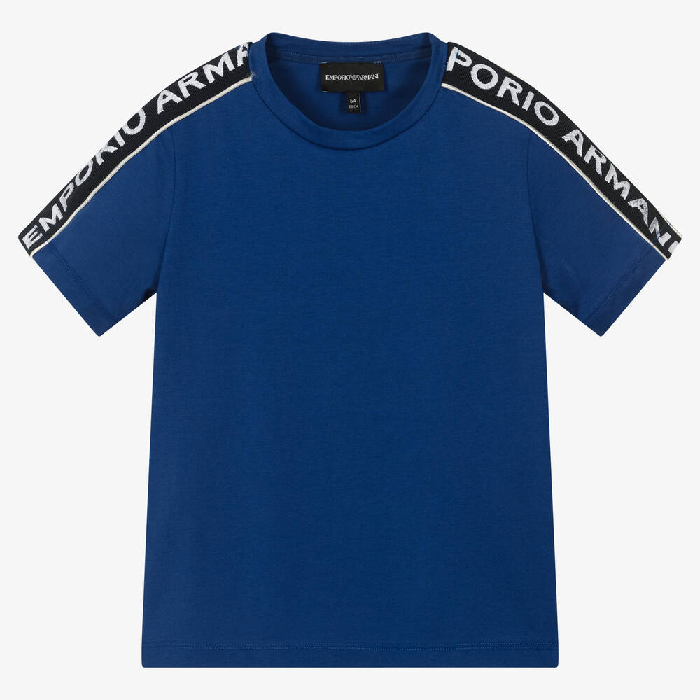 Emporio Armani - Boys Blue Cotton Logo T-Shirt | Childrensalon