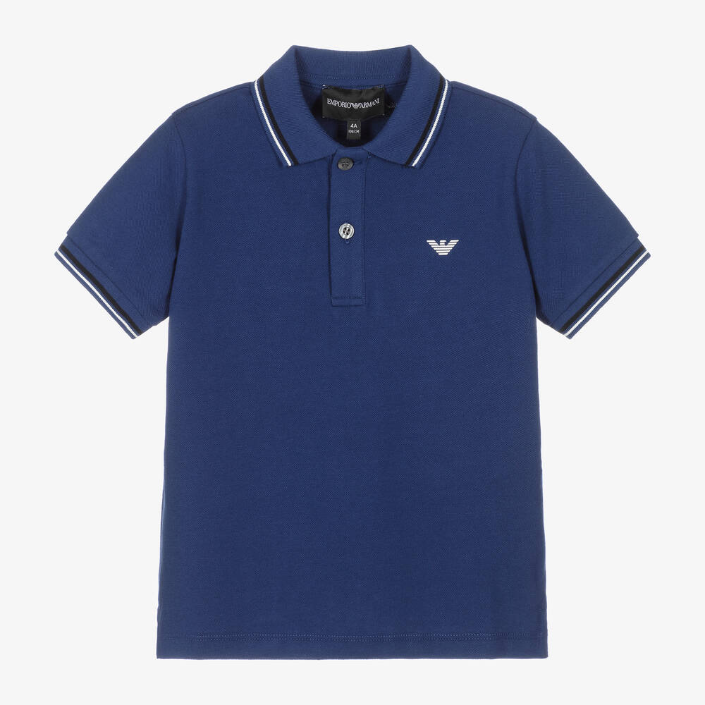 Emporio Armani - Boys Blue Cotton Polo Shirt | Childrensalon