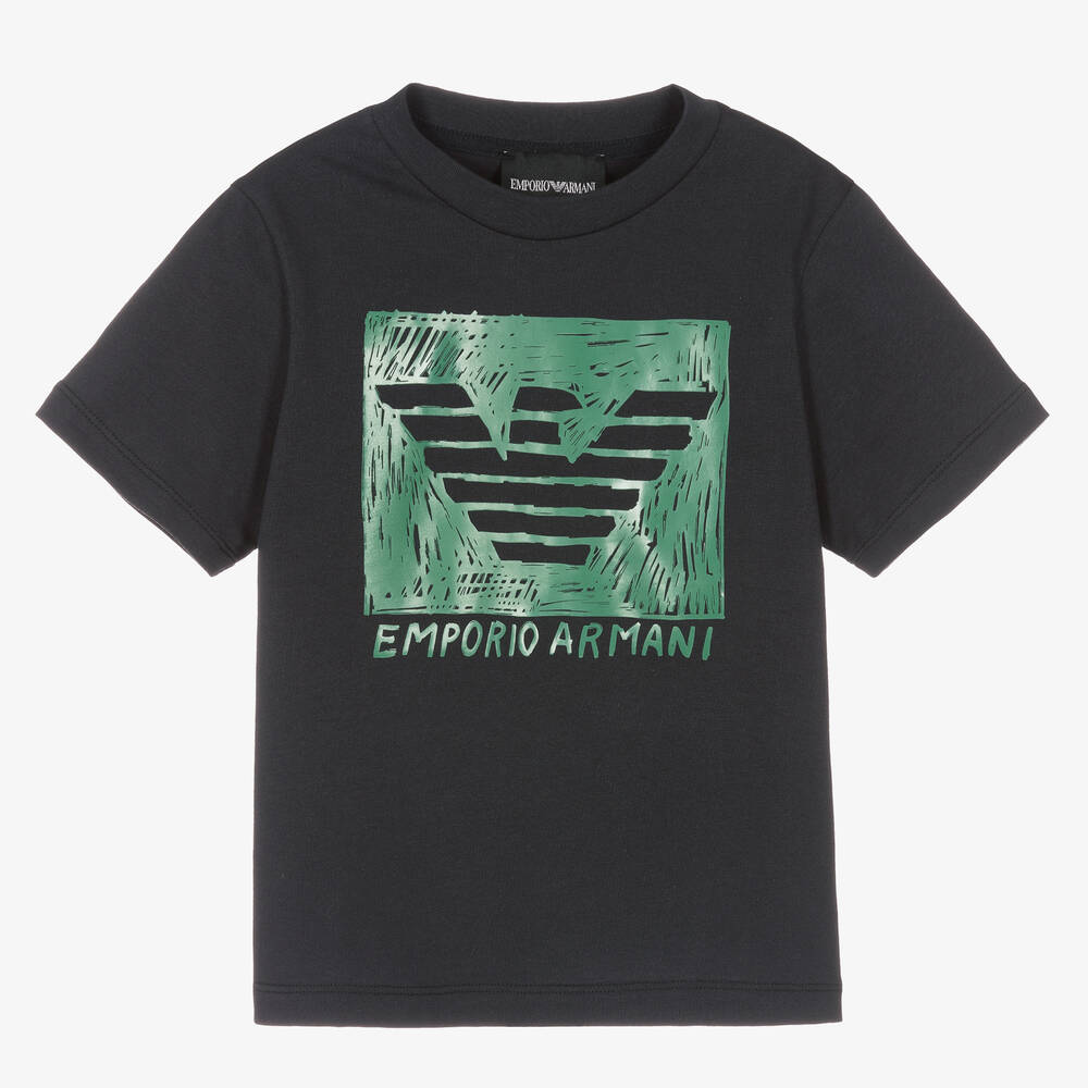 Emporio Armani - Boys Blue Cotton Sketch Eagle T-Shirt | Childrensalon