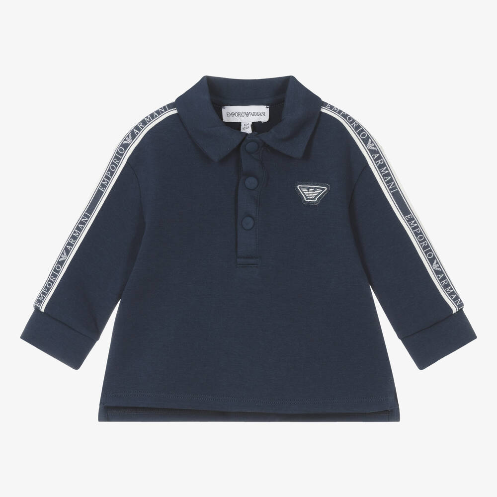 Emporio Armani - Boys Blue Cotton Taped Polo Shirt | Childrensalon