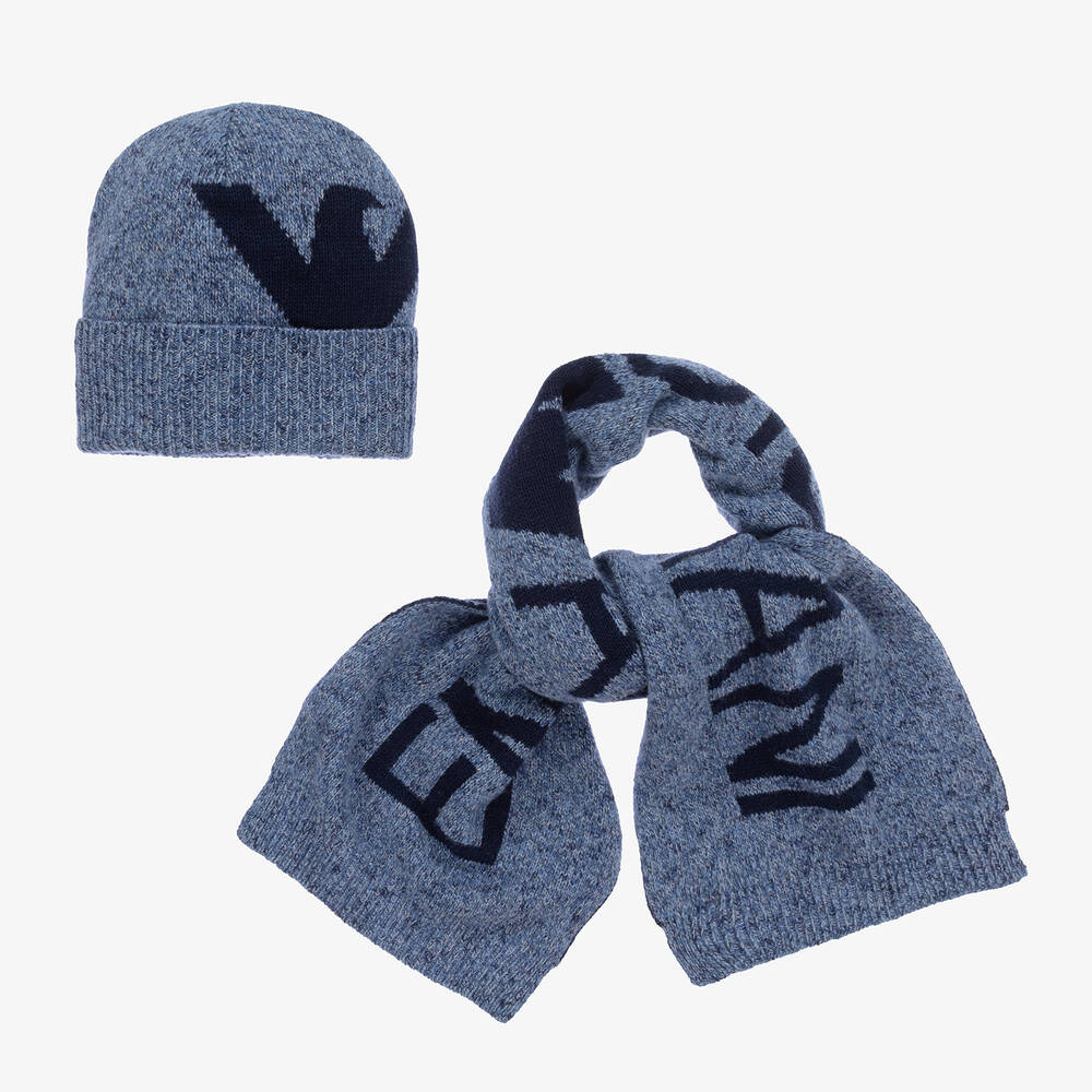 Emporio Armani - Boys Blue Eagle Logo Hat & Scarf Set | Childrensalon