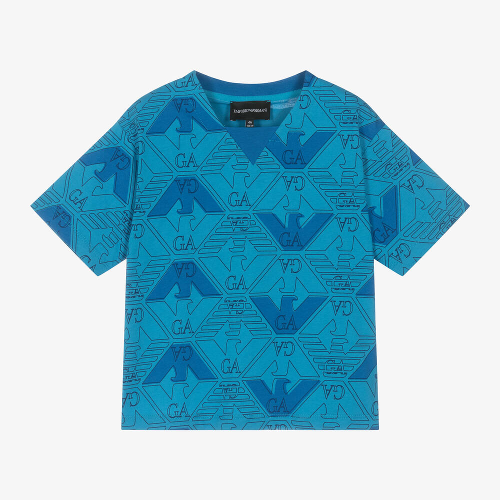 Emporio Armani - Boys Blue Graphic Cotton T-Shirt | Childrensalon