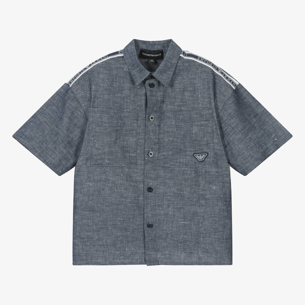 Emporio Armani - Boys Blue Linen & Cotton Taped Shirt | Childrensalon