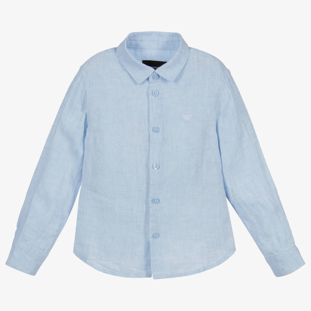 Emporio Armani - Boys Blue Linen Logo Shirt | Childrensalon