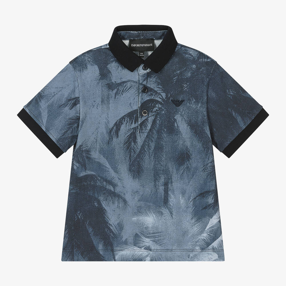 Shop Emporio Armani Boys Blue Palm Print Polo Shirt