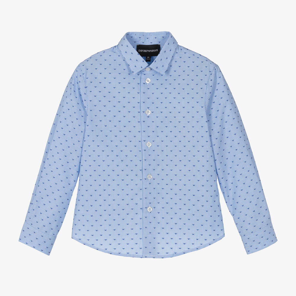 Emporio Armani - قميص بطبعة النسر قطن مقلّم لون أزرق للأولاد | Childrensalon