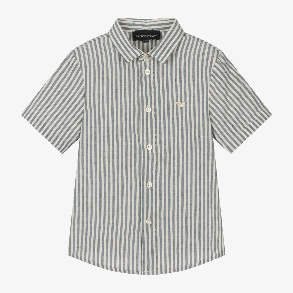 Emporio Armani - Boys Blue Striped Cotton Shirt | Childrensalon