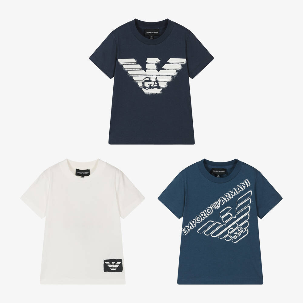 Emporio Armani - Boys Blue & White Cotton T-Shirts (3 Pack) | Childrensalon