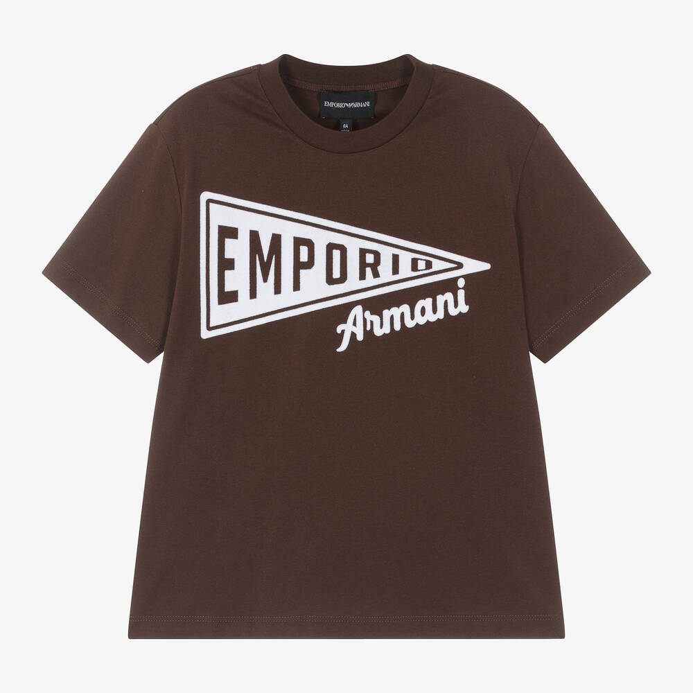 Shop Emporio Armani Boys Brown Cotton Pennant Flag T-shirt