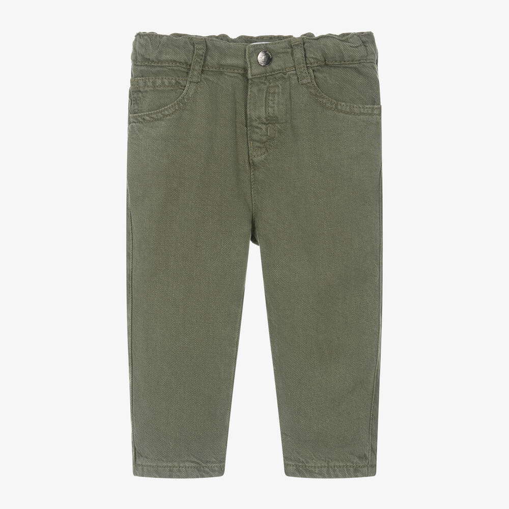 Shop Emporio Armani Boys Dark Green Lyocell & Linen Trousers