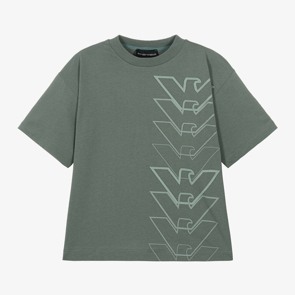 Emporio Armani - Boys Green Cotton Eagle Logo T-Shirt | Childrensalon