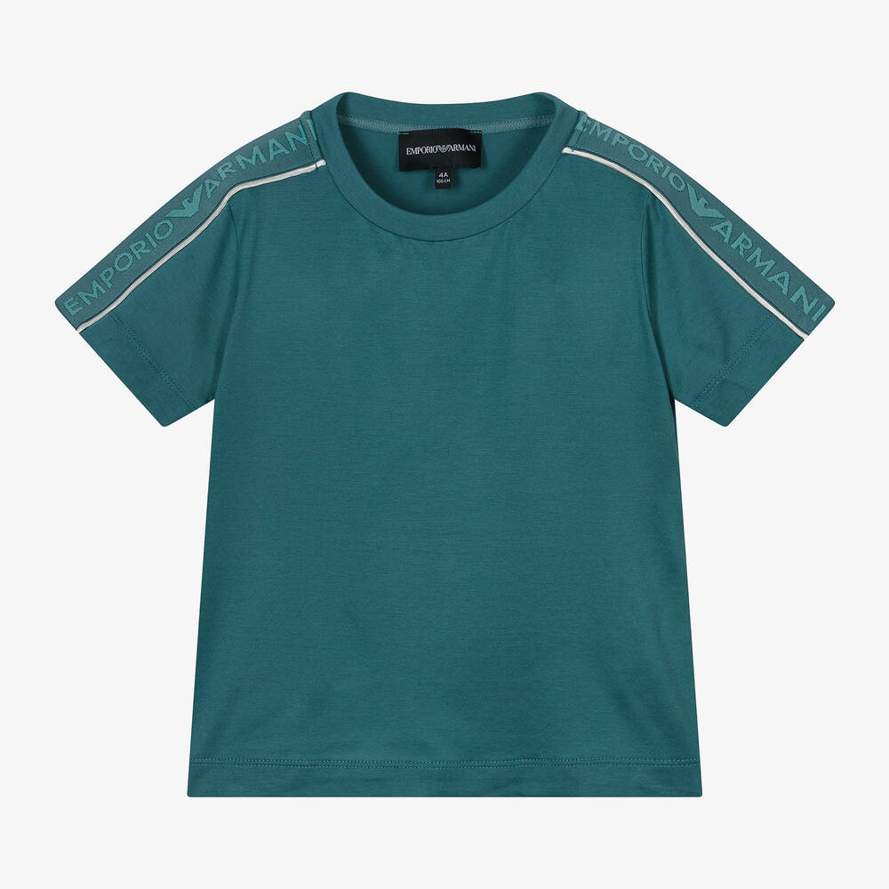 Emporio Armani - Boys Green Viscose & Cotton T-Shirt | Childrensalon