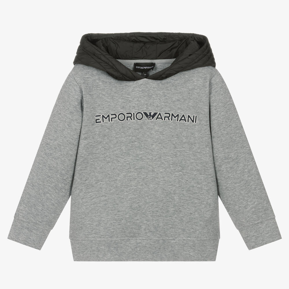 Emporio Armani - Boys Grey Cotton Logo Hoodie | Childrensalon