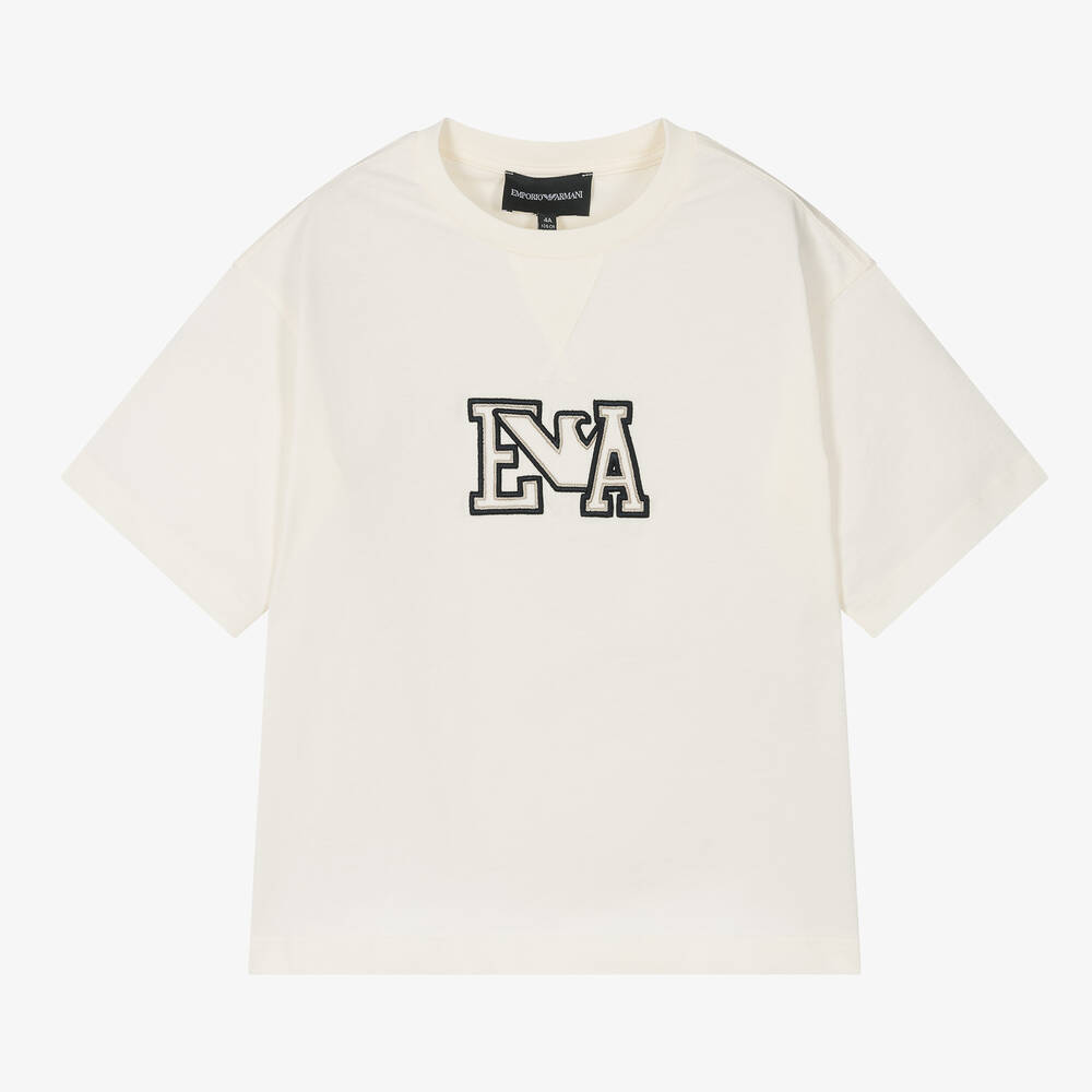 Emporio Armani - Boys Ivory Embroidered Cotton T-Shirt | Childrensalon