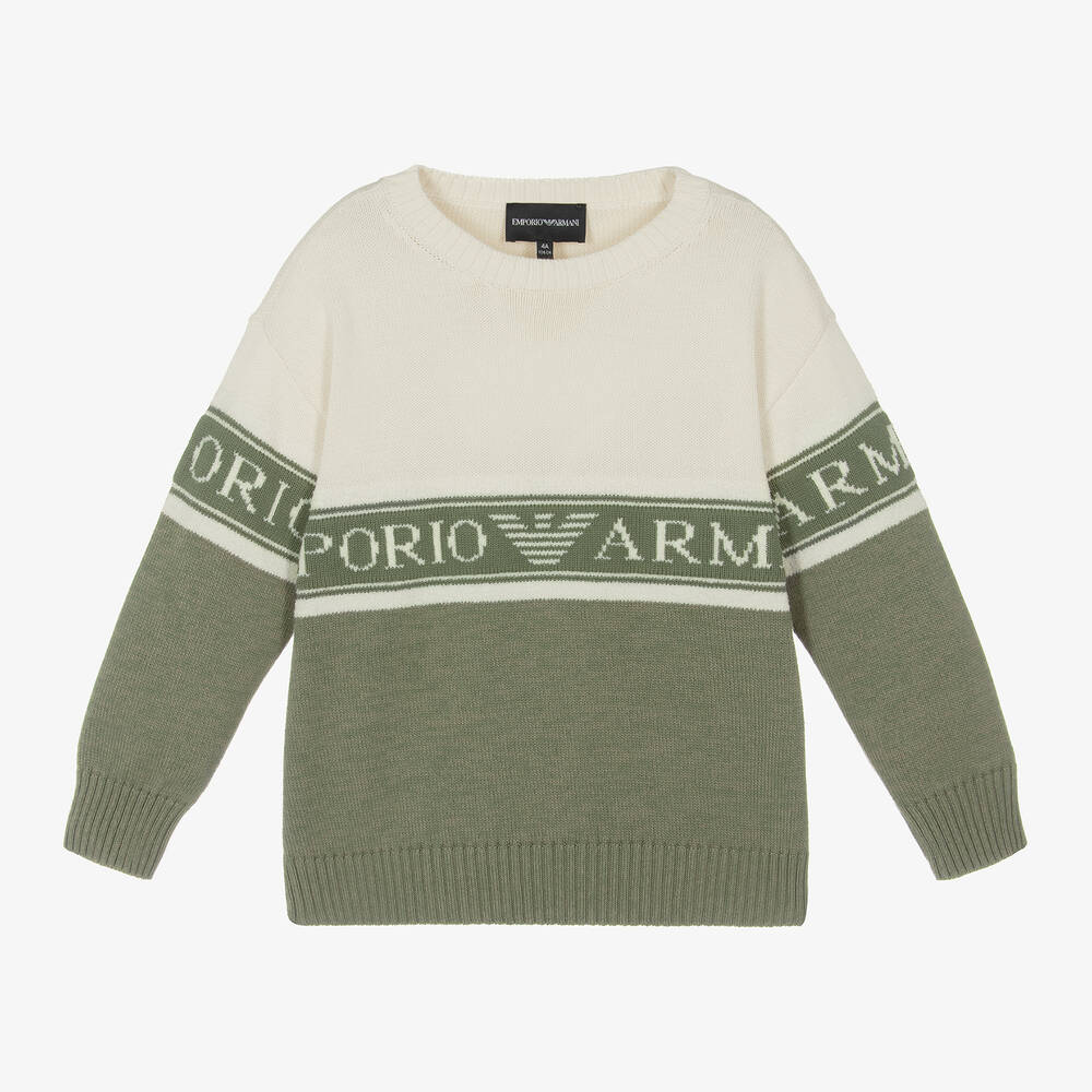 Emporio Armani - Pull ivoire et vert en coton garçon | Childrensalon