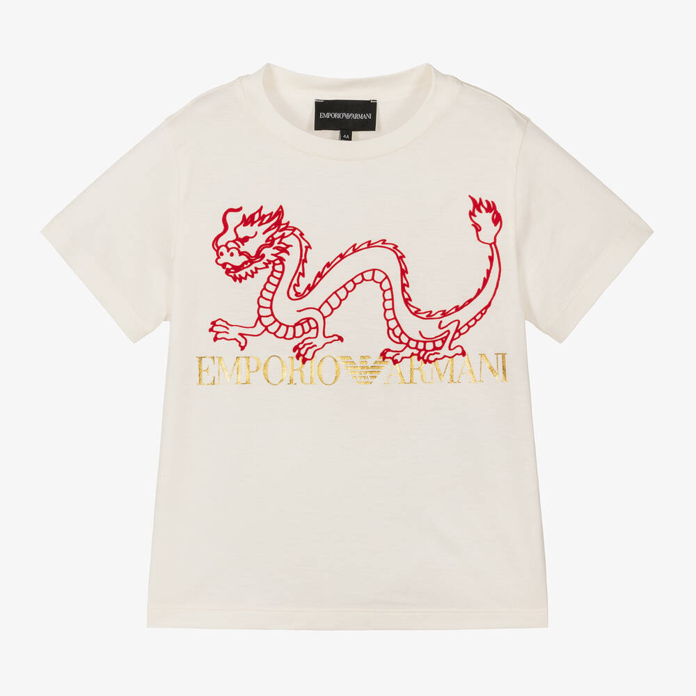 Emporio Armani - T-shirt ivoire en coton et lyocell dragon garçon | Childrensalon