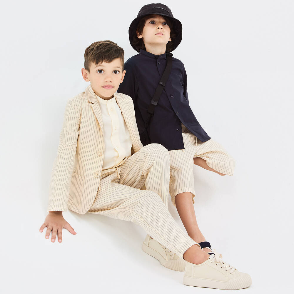 Emporio Armani-Boys Ivory Striped Cotton & Linen Blazer | Childrensalon