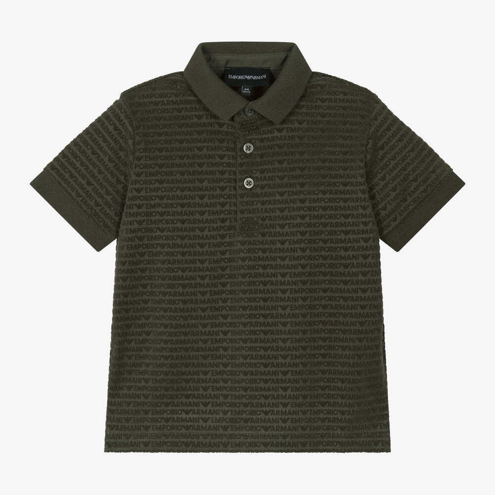 Emporio Armani - Boys Khaki Green Logo Pattern Polo Shirt | Childrensalon