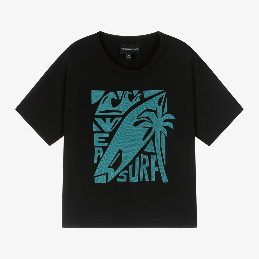 Emporio Armani - Boys Navy Blue Cotton Surf Graphic T-Shirt | Childrensalon