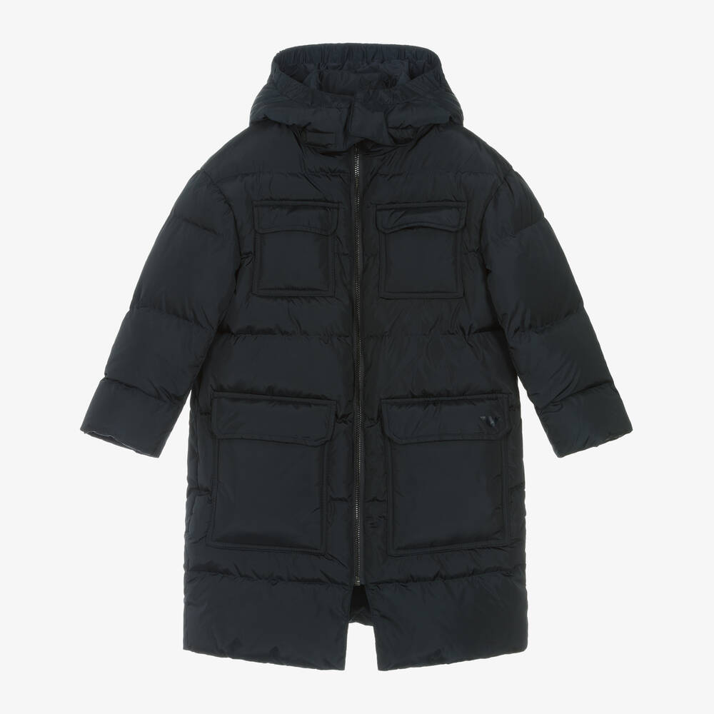 Emporio Armani - Boys Navy Blue Hooded Eagle Logo Coat | Childrensalon