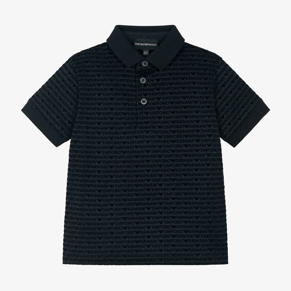 Emporio Armani - Boys Navy Blue Logo Pattern Polo Shirt | Childrensalon