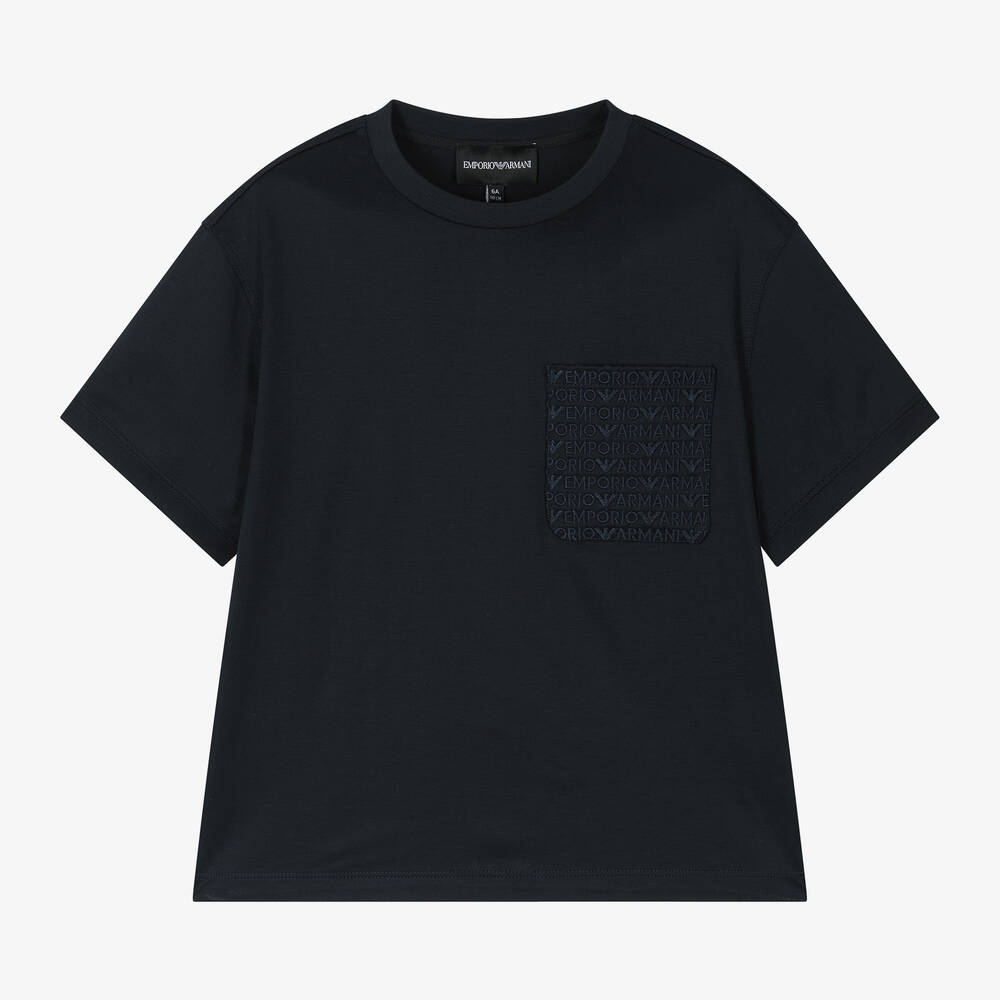Emporio Armani - Boys Navy Blue Lyocell Pocket T-Shirt | Childrensalon