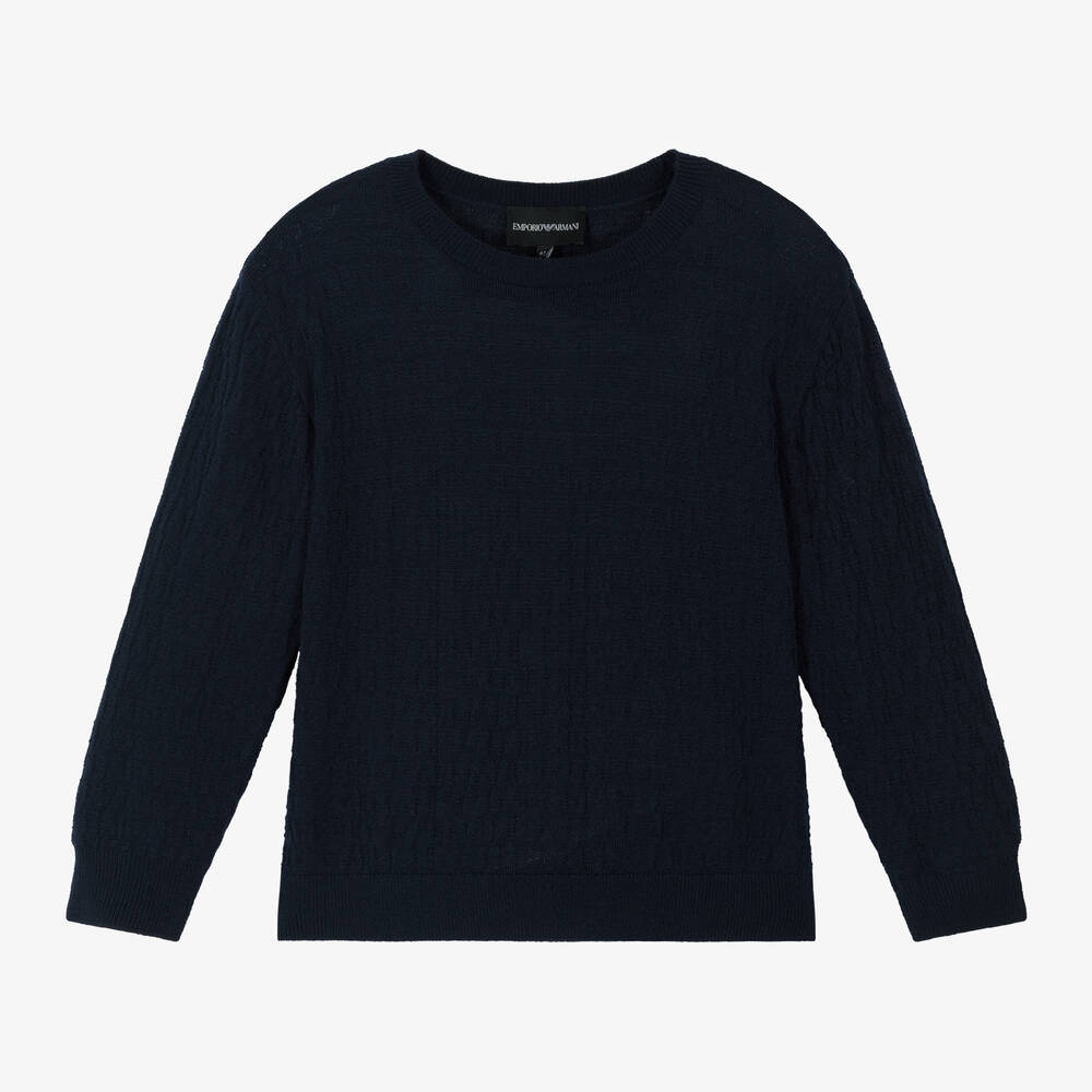 Emporio Armani - Boys Navy Blue Wool Jacquard Sweater | Childrensalon