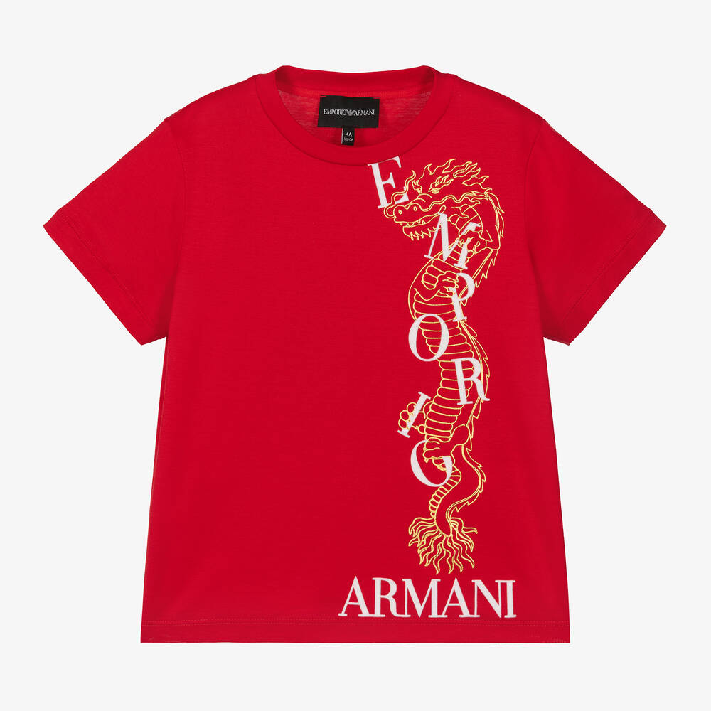 Emporio Armani - Boys Red Lyocell & Cotton Dragon T-Shirt | Childrensalon