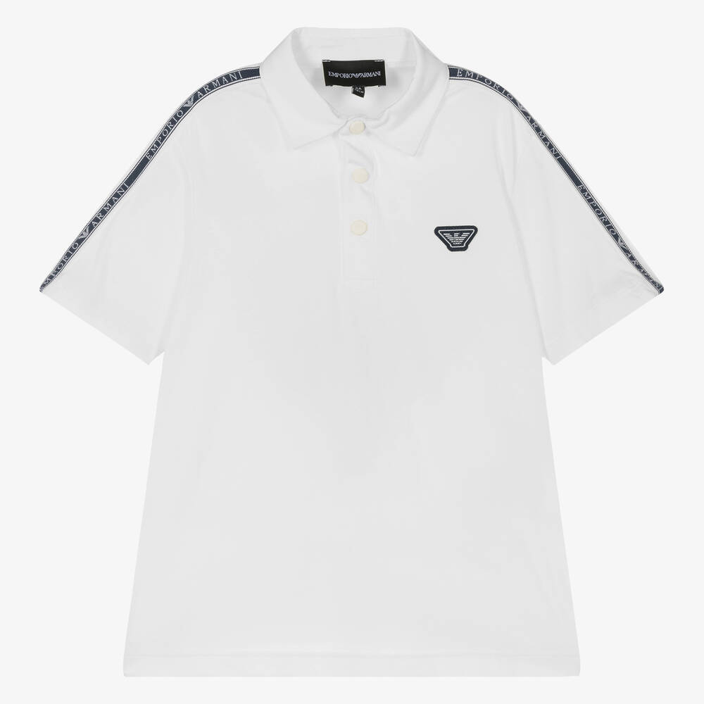 Emporio Armani - Boys White Cotton Taped Polo Shirt | Childrensalon