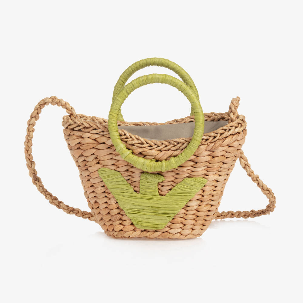 Emporio Armani - Girls Beige & Green Eagle Straw Basket (24cm) | Childrensalon