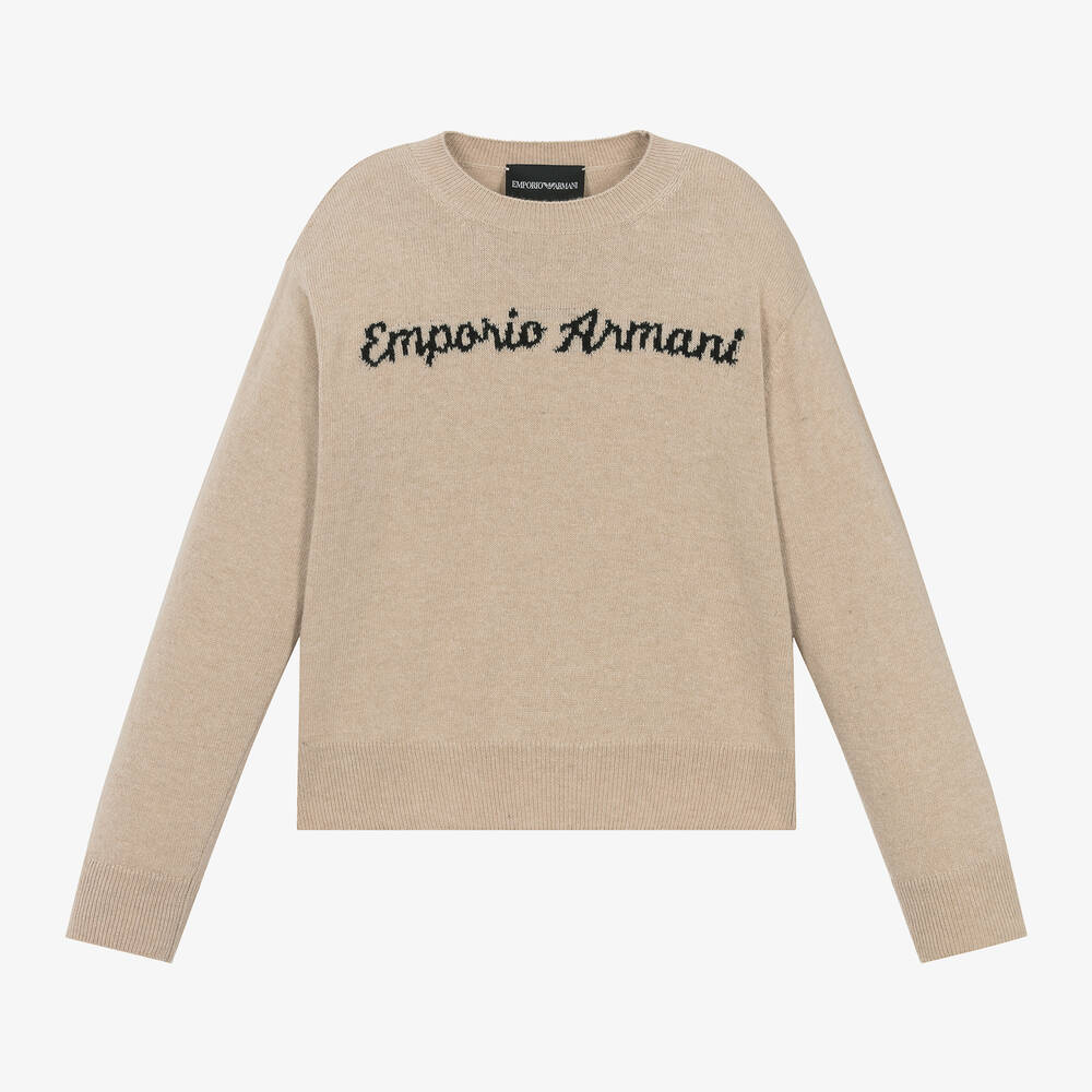 Emporio Armani - Girls Beige Knitted Wool Sweater | Childrensalon