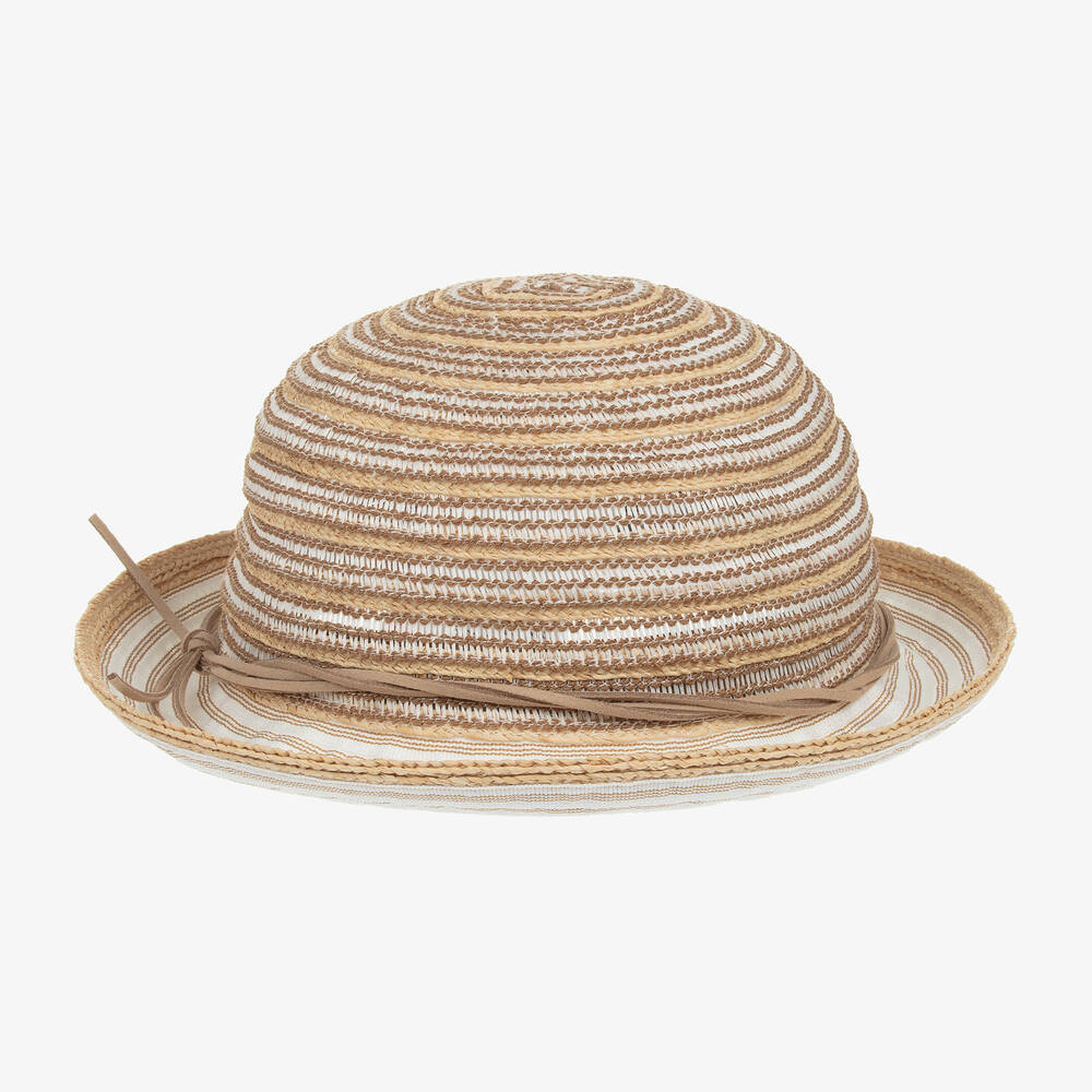 Shop Emporio Armani Girls Beige Striped Straw & Linen Hat