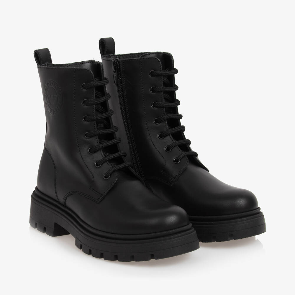 Emporio Armani - Girls Black Leather Boots | Childrensalon